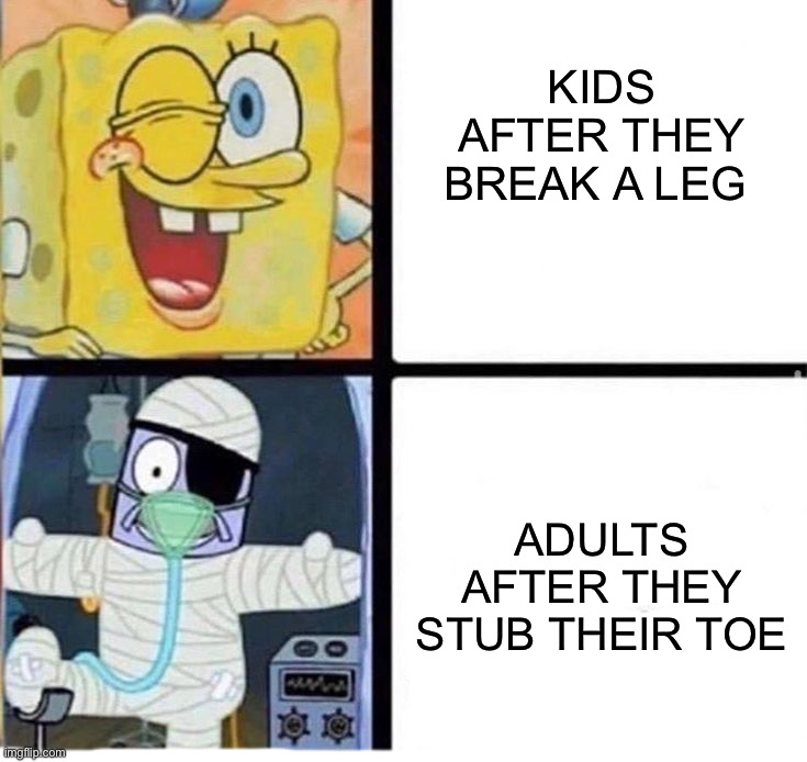 Breaking your leg as a kid is bad, but it heals pretty quickly, happened to me last summer. |  KIDS AFTER THEY BREAK A LEG; ADULTS AFTER THEY STUB THEIR TOE | image tagged in memes,funny,ouch,pain,oop,kids vs adults | made w/ Imgflip meme maker