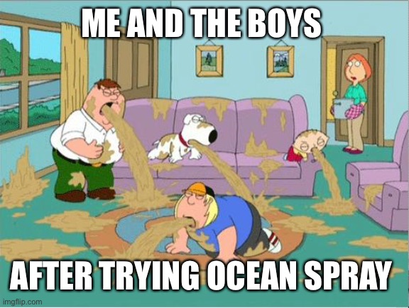 Ocean spray sucks | ME AND THE BOYS; AFTER TRYING OCEAN SPRAY | image tagged in family guy puke | made w/ Imgflip meme maker