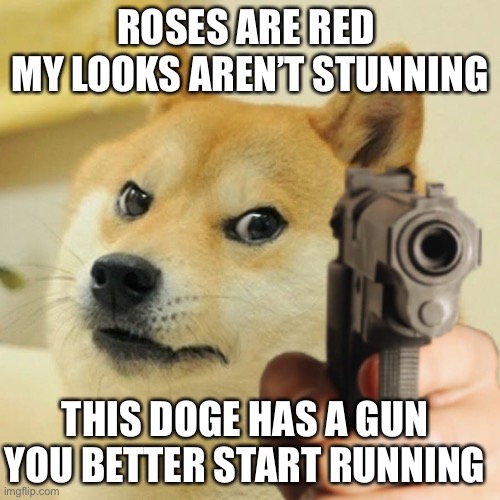 Doge holding a gun | ROSES ARE RED 
MY LOOKS AREN’T STUNNING; THIS DOGE HAS A GUN YOU BETTER START RUNNING | image tagged in doge holding a gun | made w/ Imgflip meme maker