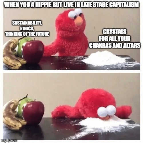 When you a hippie but you line in late stage capitalism | WHEN YOU A HIPPIE BUT LIVE IN LATE STAGE CAPITALISM; SUSTAINABILITY, ETHICS, THINKING OF THE FUTURE; CRYSTALS FOR ALL YOUR CHAKRAS AND ALTARS | image tagged in addictions,crystals,chakras,hippie diamonds,hippies,hippie-ocracy | made w/ Imgflip meme maker