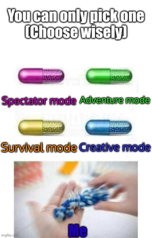 You can only choose one wisely |  Adventure mode; Spectator mode; Survival mode; Creative mode; Me | image tagged in choose wisely,minecraft,memes,funny,gifs | made w/ Imgflip meme maker