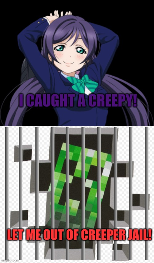Yandere nozomi strikes again |  I CAUGHT A CREEPY! LET ME OUT OF CREEPER JAIL! | image tagged in nozomi,minecraft creeper,yandere simulator | made w/ Imgflip meme maker