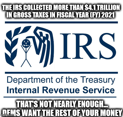 I want it all, and I want it NOW |  THE IRS COLLECTED MORE THAN $4.1 TRILLION IN GROSS TAXES IN FISCAL YEAR (FY) 2021; THAT'S NOT NEARLY ENOUGH...
DEMS WANT THE REST OF YOUR MONEY | image tagged in taxes,democrats,irs,taxation is theft | made w/ Imgflip meme maker