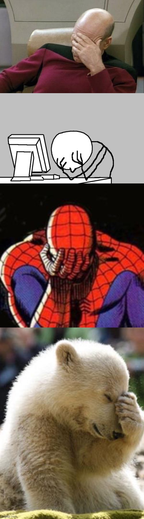 image tagged in memes,captain picard facepalm,computer guy facepalm,sad spiderman,facepalm bear | made w/ Imgflip meme maker