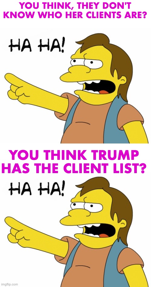 YOU THINK, THEY DON'T KNOW WHO HER CLIENTS ARE? YOU THINK TRUMP HAS THE CLIENT LIST? | image tagged in ha ha | made w/ Imgflip meme maker