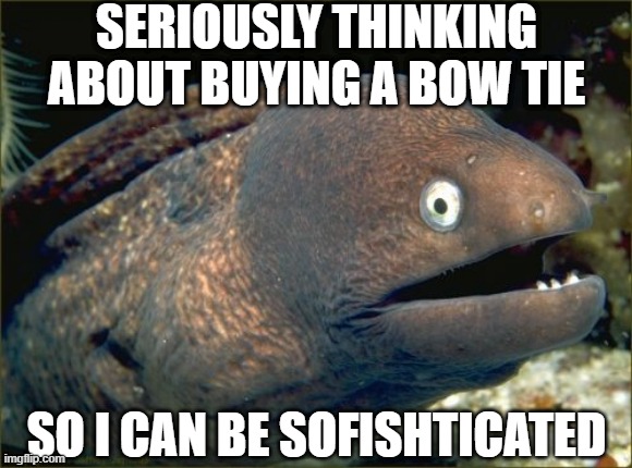 Dress Up | SERIOUSLY THINKING ABOUT BUYING A BOW TIE; SO I CAN BE SOFISHTICATED | image tagged in memes,bad joke eel | made w/ Imgflip meme maker