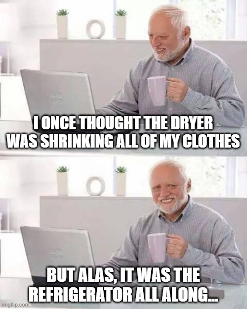 Small Clothes | I ONCE THOUGHT THE DRYER WAS SHRINKING ALL OF MY CLOTHES; BUT ALAS, IT WAS THE REFRIGERATOR ALL ALONG... | image tagged in memes,hide the pain harold | made w/ Imgflip meme maker