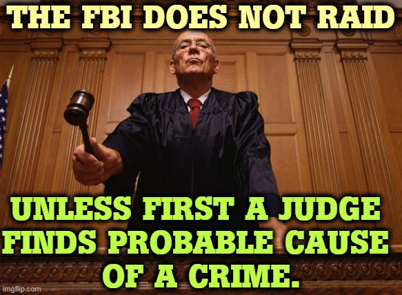 They wouldn't have gone in without a ton of evidence nailed down ahead of time. | THE FBI DOES NOT RAID; UNLESS FIRST A JUDGE 
FINDS PROBABLE CAUSE 
OF A CRIME. | image tagged in trump,criminal,fbi,raid,judge | made w/ Imgflip meme maker