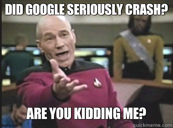 This is worse than when Roblox crashed |  DID GOOGLE SERIOUSLY CRASH? ARE YOU KIDDING ME? | image tagged in annoyed picard,google | made w/ Imgflip meme maker