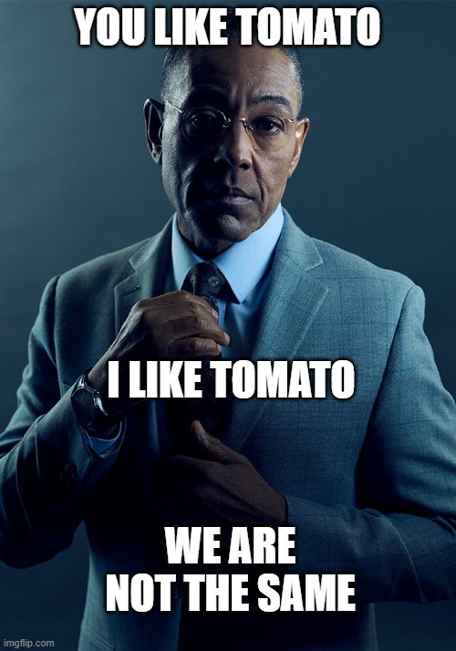 the humor comes in pronouncing the tomatoes different ways | YOU LIKE TOMATO; I LIKE TOMATO; WE ARE NOT THE SAME | image tagged in gus fring we are not the same,tomato tomato | made w/ Imgflip meme maker