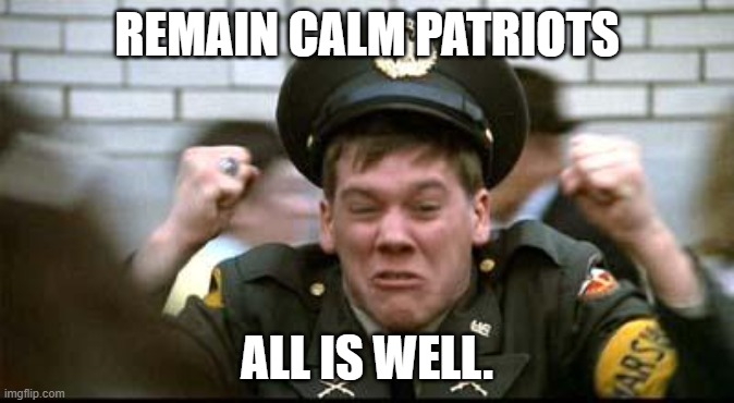 Remain Calm!! LOL | REMAIN CALM PATRIOTS; ALL IS WELL. | image tagged in kevin bacon - animal house,patriots | made w/ Imgflip meme maker