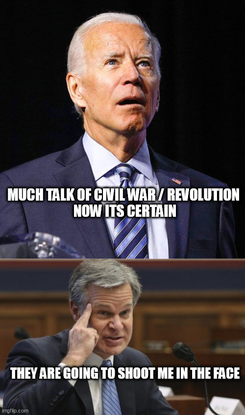 MUCH TALK OF CIVIL WAR / REVOLUTION 
NOW ITS CERTAIN; THEY ARE GOING TO SHOOT ME IN THE FACE | image tagged in joe biden,wray if | made w/ Imgflip meme maker