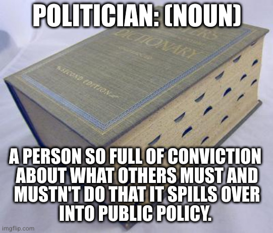 Dictionary | POLITICIAN: (NOUN); A PERSON SO FULL OF CONVICTION 
ABOUT WHAT OTHERS MUST AND
MUSTN'T DO THAT IT SPILLS OVER
INTO PUBLIC POLICY. | image tagged in dictionary | made w/ Imgflip meme maker