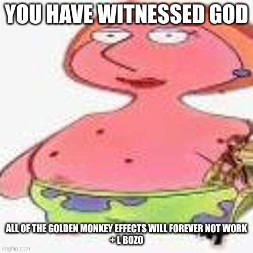 God | YOU HAVE WITNESSED GOD; ALL OF THE GOLDEN MONKEY EFFECTS WILL FOREVER NOT WORK
+ L BOZO | image tagged in god | made w/ Imgflip meme maker