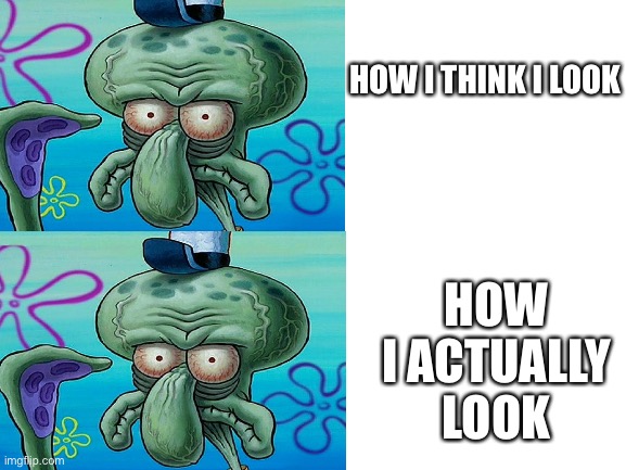 How I think I look | HOW I THINK I LOOK; HOW I ACTUALLY LOOK | image tagged in squidward | made w/ Imgflip meme maker
