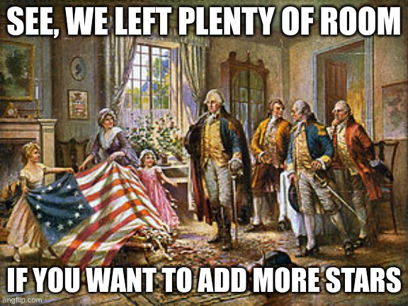flag | SEE, WE LEFT PLENTY OF ROOM; IF YOU WANT TO ADD MORE STARS | image tagged in betsy ross presenting the first american flag to general george | made w/ Imgflip meme maker