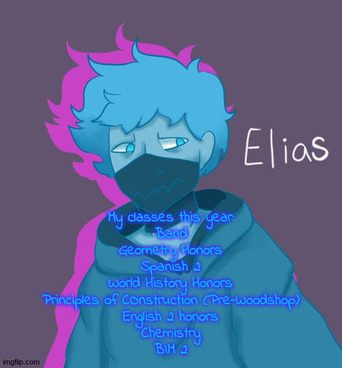 Elias as a human | My classes this year:
Band
Geometry Honors
Spanish 2
World History Honors
Principles of COnstruction (Pre-Woodshop)
English 2 honors
Chemistry
BIM 2 | image tagged in elias as a human | made w/ Imgflip meme maker
