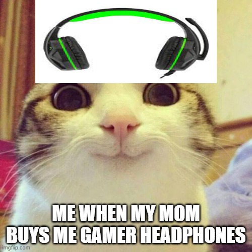 GAMER HEADPHHONES |  ME WHEN MY MOM BUYS ME GAMER HEADPHONES | image tagged in memes,smiling cat | made w/ Imgflip meme maker
