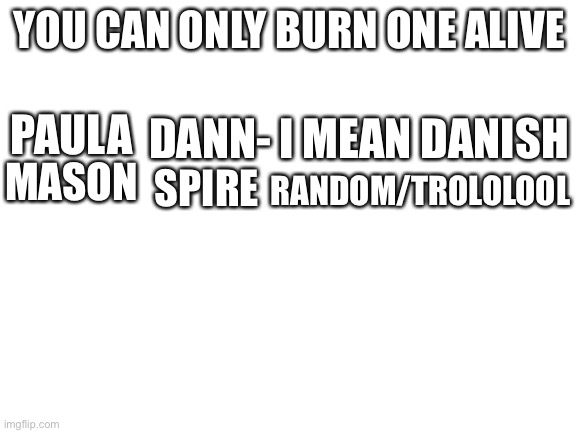 Blank White Template | YOU CAN ONLY BURN ONE ALIVE; PAULA; DANN- I MEAN DANISH; MASON; SPIRE; RANDOM/TROLOLOOL | image tagged in blank white template | made w/ Imgflip meme maker