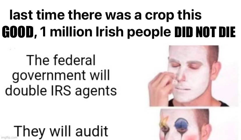 Why yes, the IRS will double its agents, and yes, they will audit — based observation | DID NOT DIE; GOOD | image tagged in last time there was a crop this bad 1 million irish people died | made w/ Imgflip meme maker