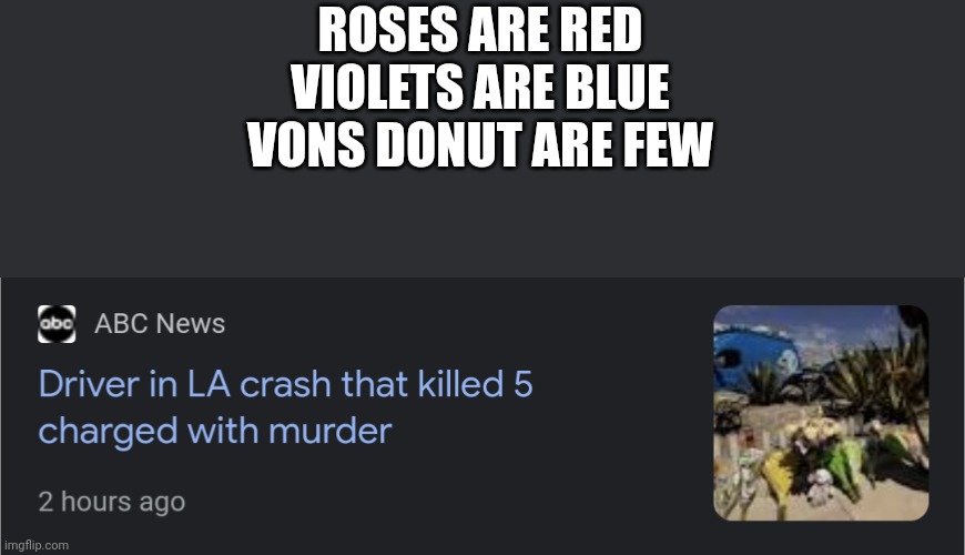 rap artist | ROSES ARE RED
VIOLETS ARE BLUE
VONS DONUT ARE FEW | image tagged in las vegas,murder,donuts,donut | made w/ Imgflip meme maker
