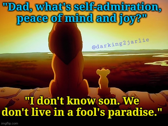 Downside of living in Reality! | "Dad, what's self-admiration, peace of mind and joy?"; @darking2jarlie; "I don't know son. We don't live in a fool's paradise." | image tagged in lion king,reality,depression,nihilism,anarchism,anti religion | made w/ Imgflip meme maker