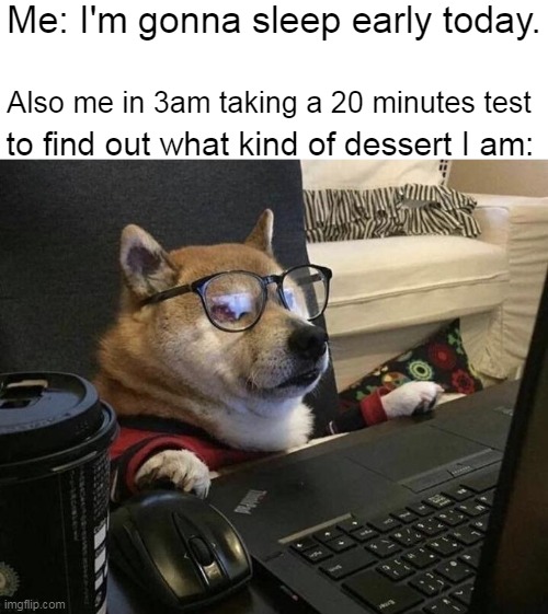 facts | Me: I'm gonna sleep early today. Also me in 3am taking a 20 minutes test; to find out what kind of dessert I am: | image tagged in doggo | made w/ Imgflip meme maker