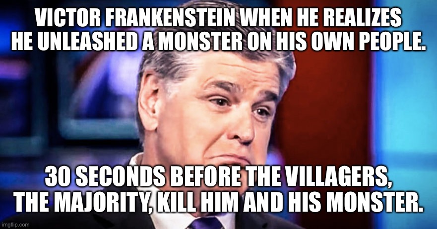 Sean Hannity | VICTOR FRANKENSTEIN WHEN HE REALIZES HE UNLEASHED A MONSTER ON HIS OWN PEOPLE. 30 SECONDS BEFORE THE VILLAGERS, THE MAJORITY, KILL HIM AND HIS MONSTER. | image tagged in sean hannity | made w/ Imgflip meme maker