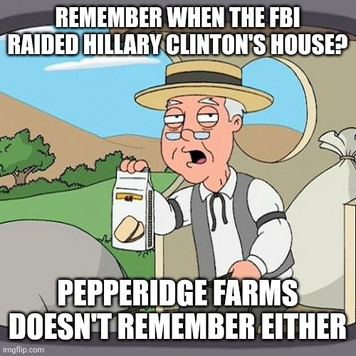 Pepperidge Farm Remembers | REMEMBER WHEN THE FBI RAIDED HILLARY CLINTON'S HOUSE? PEPPERIDGE FARMS DOESN'T REMEMBER EITHER | image tagged in memes,pepperidge farm remembers | made w/ Imgflip meme maker