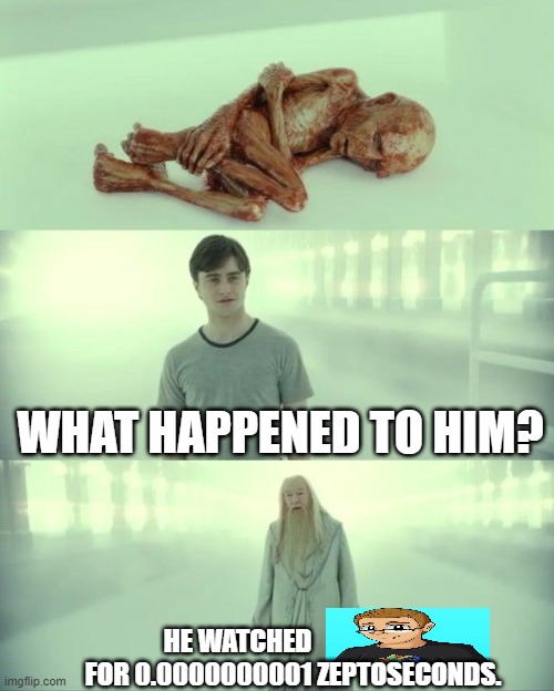 the skrunkly. | WHAT HAPPENED TO HIM? HE WATCHED                      FOR 0.0000000001 ZEPTOSECONDS. | image tagged in dead baby voldemort / what happened to him | made w/ Imgflip meme maker