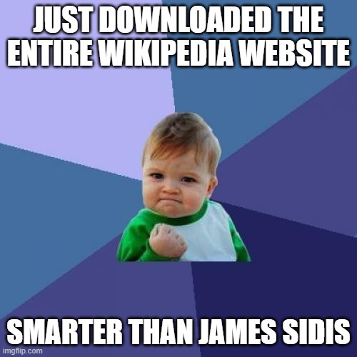yes i am smart 1 + 1 = eleventeen |  JUST DOWNLOADED THE ENTIRE WIKIPEDIA WEBSITE; SMARTER THAN JAMES SIDIS | image tagged in memes,success kid | made w/ Imgflip meme maker