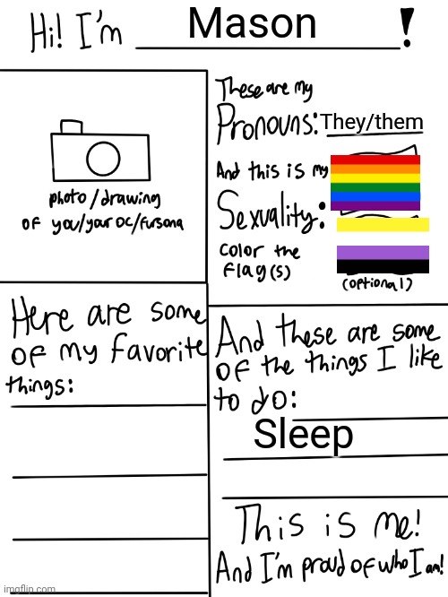 Lgbtq stream account profile | Mason; They/them; Sleep | image tagged in lgbtq stream account profile | made w/ Imgflip meme maker
