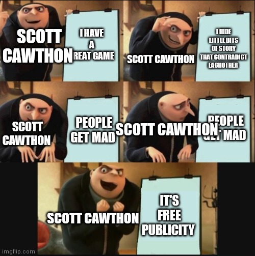 FNAF in a nutshell | I HAVE A GREAT GAME; I HIDE LITTLE BITS OF STORY THAT CONTRADICT EACHOTHER; SCOTT CAWTHON; SCOTT CAWTHON; PEOPLE GET MAD; PEOPLE GET MAD; SCOTT CAWTHON; SCOTT CAWTHON; IT'S FREE PUBLICITY; SCOTT CAWTHON | image tagged in fnaf,scott cawthon,in a nutshell | made w/ Imgflip meme maker