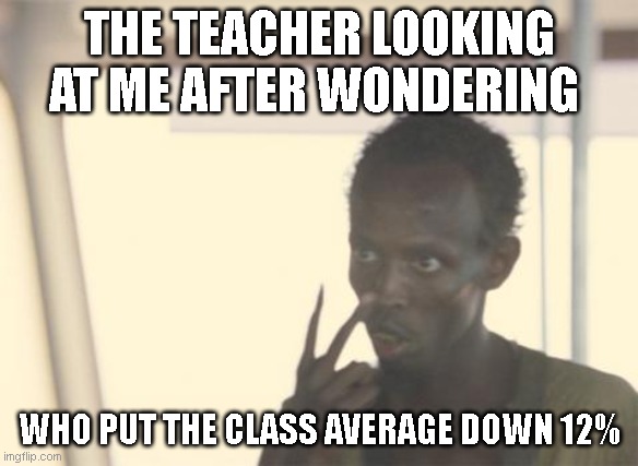 When the class average goes down 12% |  THE TEACHER LOOKING AT ME AFTER WONDERING; WHO PUT THE CLASS AVERAGE DOWN 12% | image tagged in memes,i'm the captain now | made w/ Imgflip meme maker
