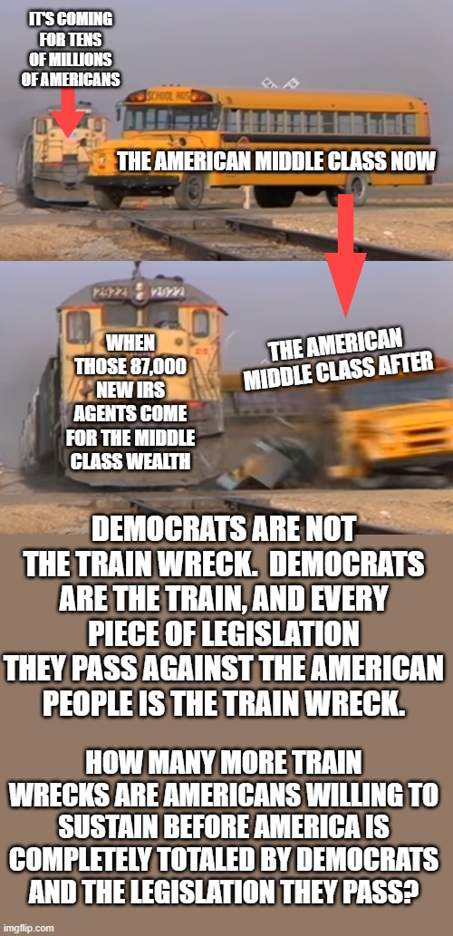The Coming Train Wreck | IT'S COMING FOR TENS OF MILLIONS OF AMERICANS; THE AMERICAN MIDDLE CLASS NOW; WHEN THOSE 87,000 NEW IRS AGENTS COME FOR THE MIDDLE CLASS WEALTH; THE AMERICAN MIDDLE CLASS AFTER; DEMOCRATS ARE NOT THE TRAIN WRECK.  DEMOCRATS ARE THE TRAIN, AND EVERY PIECE OF LEGISLATION THEY PASS AGAINST THE AMERICAN PEOPLE IS THE TRAIN WRECK. HOW MANY MORE TRAIN WRECKS ARE AMERICANS WILLING TO SUSTAIN BEFORE AMERICA IS COMPLETELY TOTALED BY DEMOCRATS AND THE LEGISLATION THEY PASS? | image tagged in a train hitting a school bus,politics,memes,democrats,america,economics | made w/ Imgflip meme maker