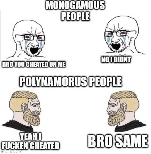 (Disclaimer: I'm not trying to bash poly people. Poly people are vaild af) | MONOGAMOUS PEOPLE; BRO YOU CHEATED ON ME; NO I DIDNT; POLYNAMORUS PEOPLE; BRO SAME; YEAH I FUCKEN CHEATED | image tagged in chad we know | made w/ Imgflip meme maker