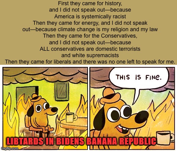 This Is Fine Meme | First they came for history, and I did not speak out—because America is systemically racist
Then they came for energy, and I did not speak out—because climate change is my religion and my law
Then they came for the Conservatives, and I did not speak out—because ALL conservatives are domestic terrorists and white supremacists
Then they came for liberals and there was no one left to speak for me. LIBTARDS IN BIDENS BANANA REPUBLIC | image tagged in memes,this is fine | made w/ Imgflip meme maker