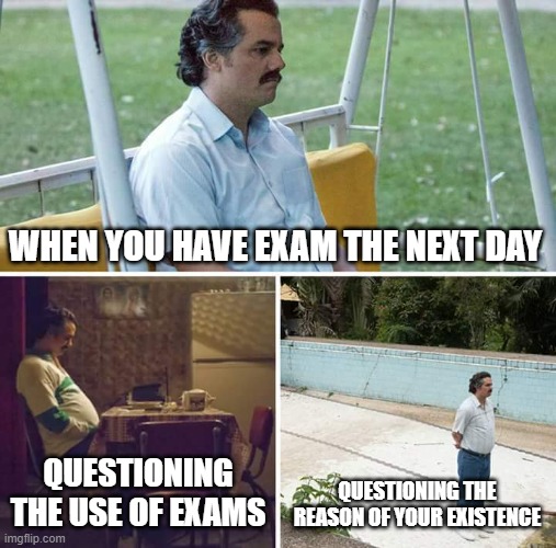 Philosophy of Exams | WHEN YOU HAVE EXAM THE NEXT DAY; QUESTIONING THE REASON OF YOUR EXISTENCE; QUESTIONING THE USE OF EXAMS | image tagged in memes,sad pablo escobar | made w/ Imgflip meme maker