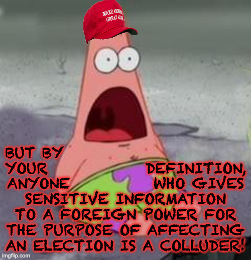BUT BY                          
YOUR              DEFINITION,
ANYONE            WHO GIVES
SENSITIVE INFORMATION
TO A FOREIGN POWER FOR
THE  | image tagged in suprised patrick | made w/ Imgflip meme maker