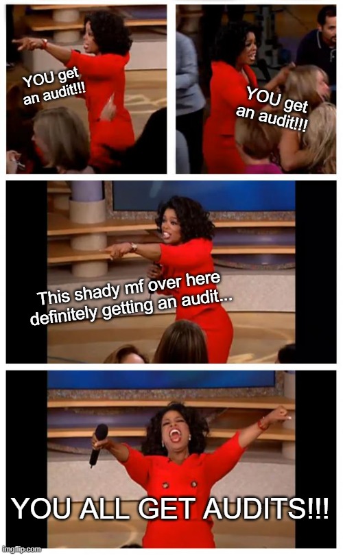 YOU get an audit!!! YOU get an audit!!! This shady mf over here definitely getting an audit... YOU ALL GET AUDITS!!! | image tagged in memes,oprah you get a car everybody gets a car | made w/ Imgflip meme maker