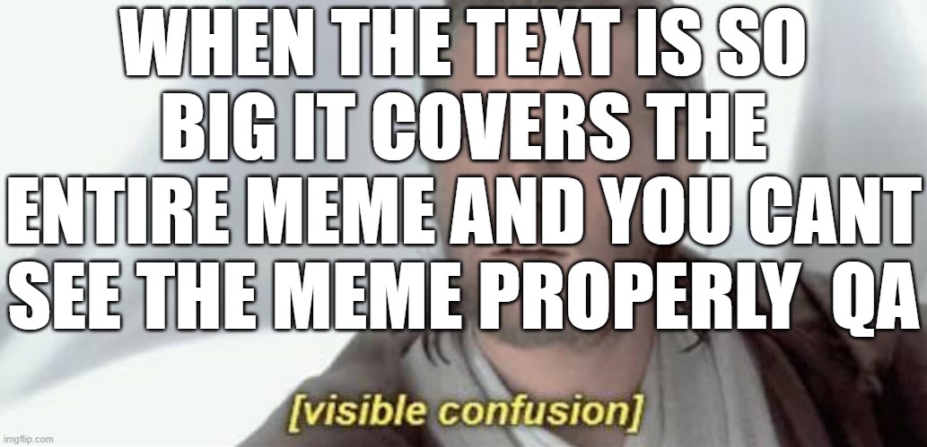 visible confusion |  WHEN THE TEXT IS SO BIG IT COVERS THE ENTIRE MEME AND YOU CANT SEE THE MEME PROPERLY  QA | image tagged in visible confusion | made w/ Imgflip meme maker
