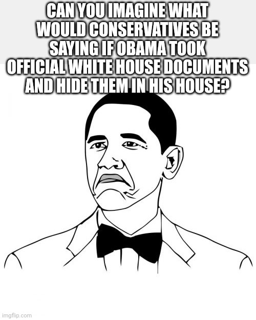 Trumpanzees hypocrisy | CAN YOU IMAGINE WHAT WOULD CONSERVATIVES BE SAYING IF OBAMA TOOK OFFICIAL WHITE HOUSE DOCUMENTS AND HIDE THEM IN HIS HOUSE? | image tagged in trump,conservative,republican,democrat,trump supporter,maga | made w/ Imgflip meme maker