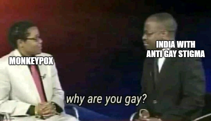 "Monkeypox put underground with anti-gay stigma in india" | INDIA WITH ANTI GAY STIGMA; MONKEYPOX | image tagged in why are you gay | made w/ Imgflip meme maker
