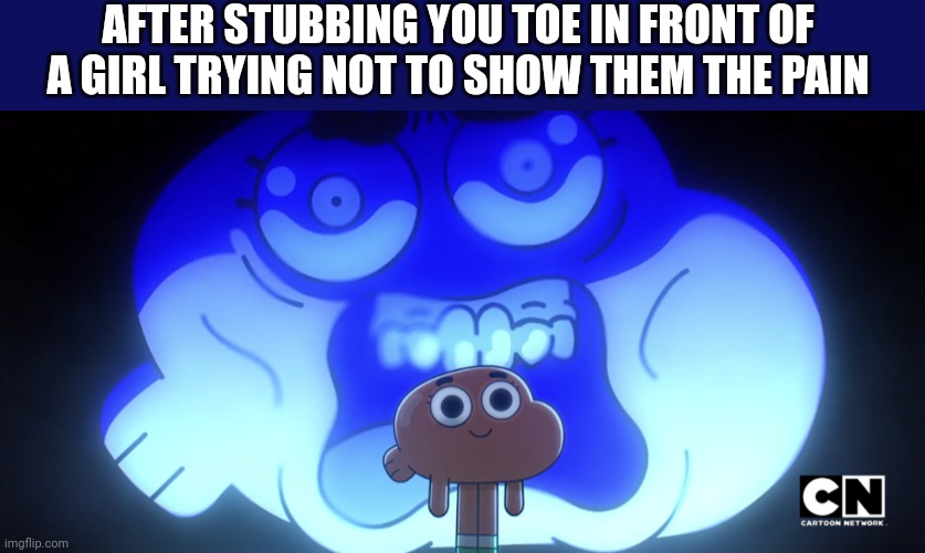 Is this true to anyone else | AFTER STUBBING YOU TOE IN FRONT OF A GIRL TRYING NOT TO SHOW THEM THE PAIN | image tagged in darwin,screaming,inside,pain | made w/ Imgflip meme maker