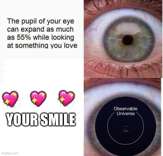 *woke face* | 💖; 💖; 💖; YOUR SMILE | image tagged in expanding eye,wholesome | made w/ Imgflip meme maker