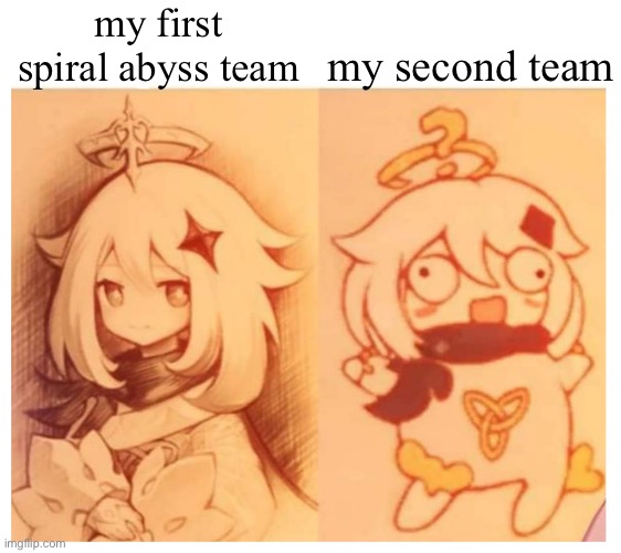 My spiral abyss | my first spiral abyss team; my second team | image tagged in paimon then vs now genshin impact,genshin impact,funny | made w/ Imgflip meme maker