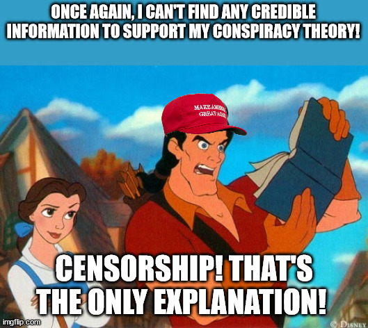 Gaston reading | ONCE AGAIN, I CAN'T FIND ANY CREDIBLE INFORMATION TO SUPPORT MY CONSPIRACY THEORY! CENSORSHIP! THAT'S THE ONLY EXPLANATION! | image tagged in gaston reading | made w/ Imgflip meme maker