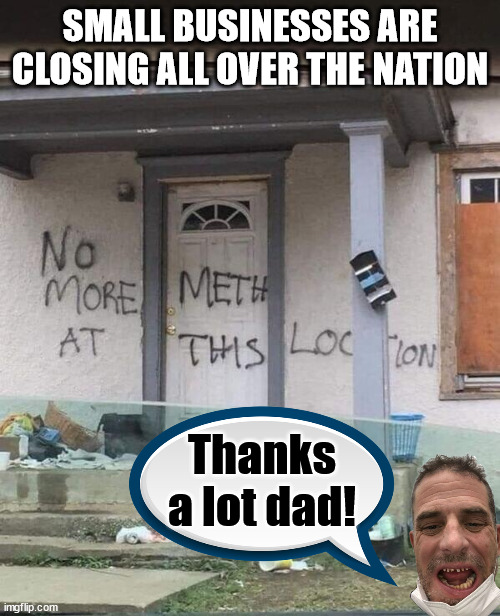 SMALL BUSINESSES ARE CLOSING ALL OVER THE NATION; Thanks a lot dad! | image tagged in political meme | made w/ Imgflip meme maker