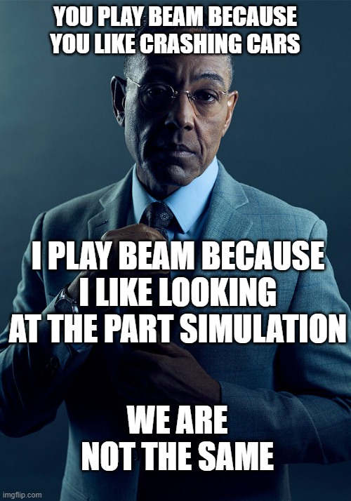 Gus Fring we are not the same | YOU PLAY BEAM BECAUSE YOU LIKE CRASHING CARS; I PLAY BEAM BECAUSE I LIKE LOOKING AT THE PART SIMULATION; WE ARE NOT THE SAME | image tagged in gus fring we are not the same | made w/ Imgflip meme maker