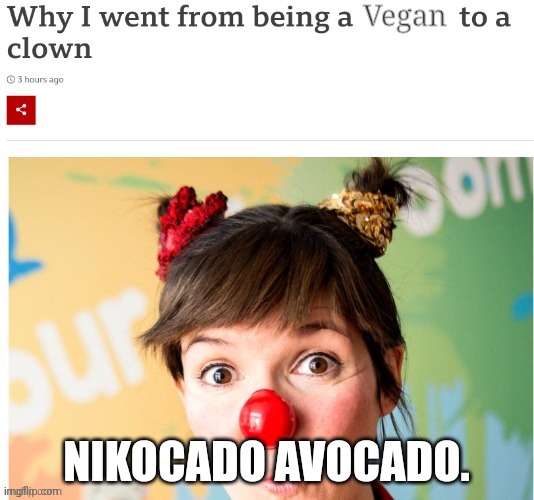 Why I went from being a ___ to a clown | Vegan; NIKOCADO AVOCADO. | image tagged in why i went from being a ___ to a clown | made w/ Imgflip meme maker